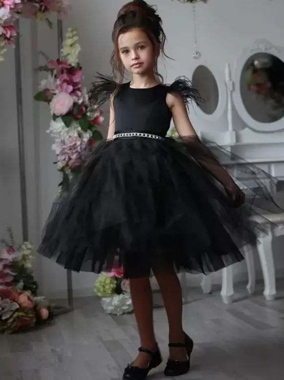 Wedding Flower Girl Dresses Special Occasion Dresses Ivory Sleeveless Feathers