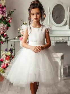 Wedding Flower Girl Dresses Special Occasion Dresses Ivory Sleeveless Feathers