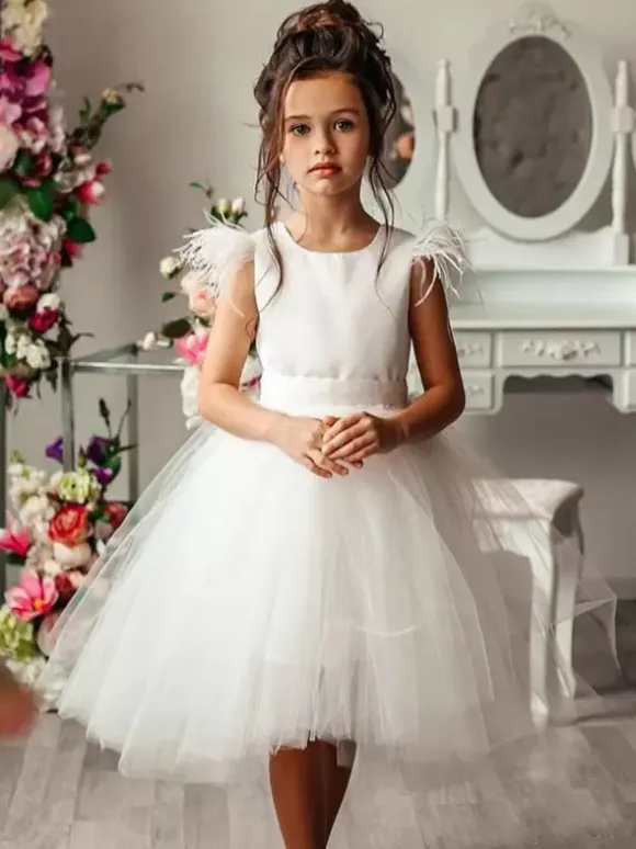 Wedding Flower Girl Dresses Special Occasion Dresses Ivory Sleeveless Feathers