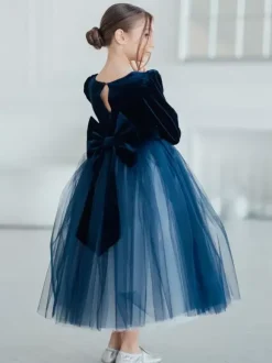 Wedding Flower Girl Dresses Special Occasion Dresses Dark Navy Long Sleeves Bows
