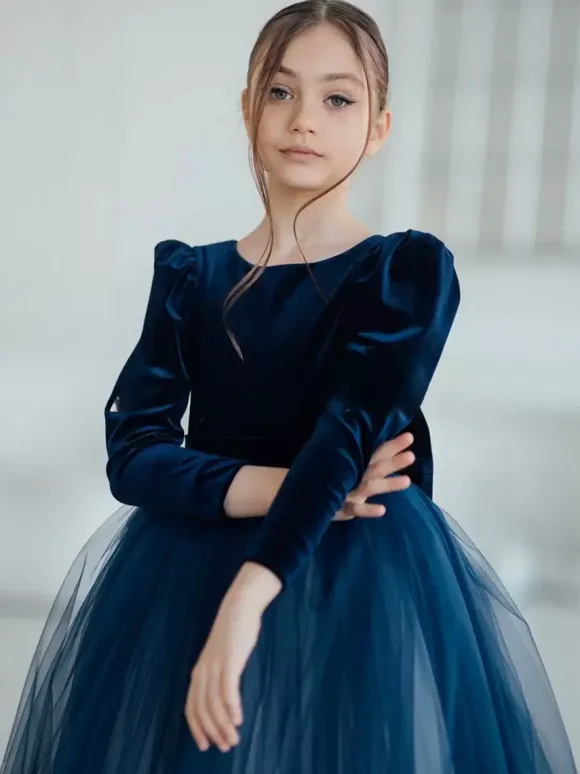 Wedding Flower Girl Dresses Special Occasion Dresses Dark Navy Long Sleeves Bows