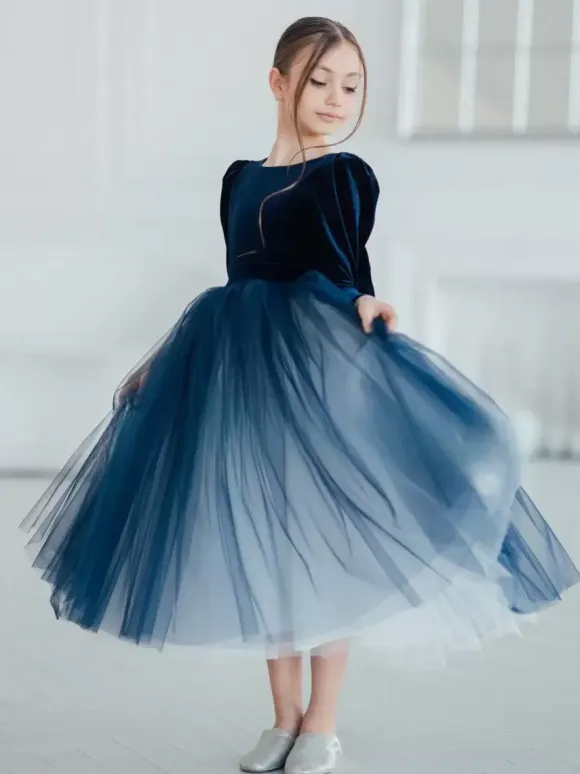 Wedding Flower Girl Dresses Special Occasion Dresses Dark Navy Long Sleeves Bows