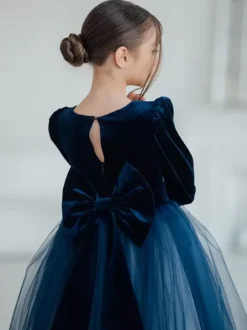 Wedding Flower Girl Dresses Special Occasion Dresses Dark Navy Long Sleeves Bows