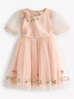 Wedding Flower Girl Dresses Special Occasion Dresses Soft Pink Short Sleeves Embroidered
