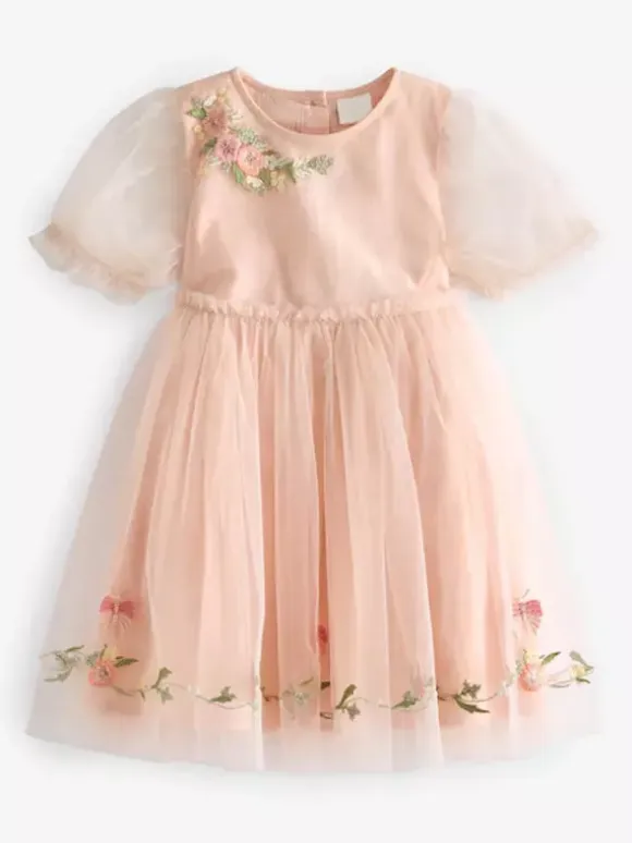Wedding Flower Girl Dresses Special Occasion Dresses Soft Pink Short Sleeves Embroidered