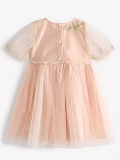 Wedding Flower Girl Dresses Special Occasion Dresses Soft Pink Short Sleeves Embroidered
