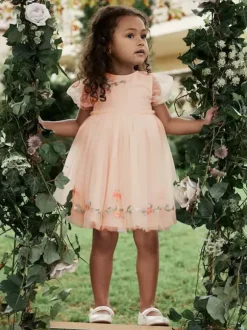 Wedding Flower Girl Dresses Special Occasion Dresses Soft Pink Short Sleeves Embroidered