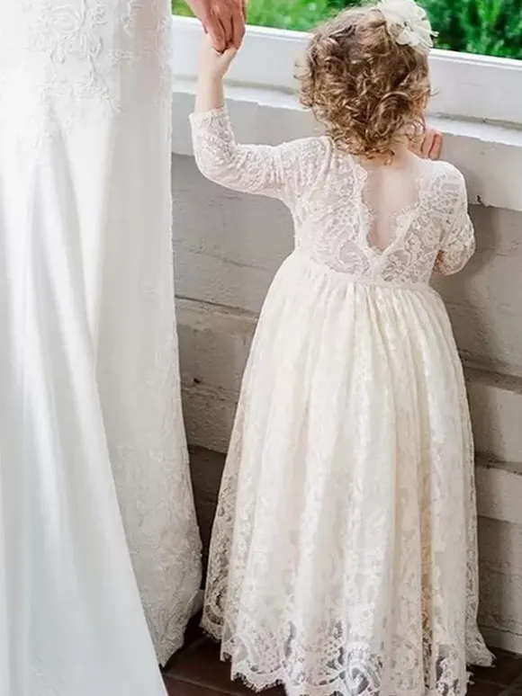 Wedding Flower Girl Dresses Special Occasion Dresses White Long Sleeves Cut Out