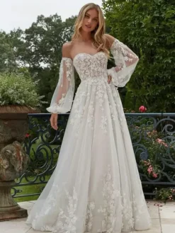 Wedding Gowns Sweetheart Neck Removable Sleeves With Train Lace Bridal Dresses
