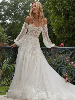 Wedding Gowns Sweetheart Neck Removable Sleeves With Train Lace Bridal Dresses