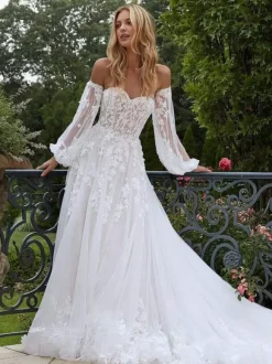 Wedding Gowns Sweetheart Neck Removable Sleeves With Train Lace Bridal Dresses