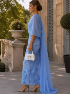 Wedding Guest Dresses Ball Gown Designed Neckline Chiffon Half Sleeves Lace Mother Dress