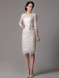 Wedding Guest Dresses Lace Sheath Champagne Cocktail Dress Knee Length Half Sleeves Mother Dress With Satin Belt Free Customization