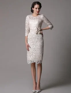 Wedding Guest Dresses Lace Sheath Champagne Cocktail Dress Knee Length Half Sleeves Mother Dress With Satin Belt Free Customization