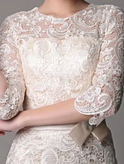 Wedding Guest Dresses Lace Sheath Champagne Cocktail Dress Knee Length Half Sleeves Mother Dress With Satin Belt Free Customization