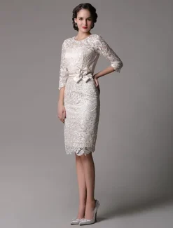 Wedding Guest Dresses Lace Sheath Champagne Cocktail Dress Knee Length Half Sleeves Mother Dress With Satin Belt Free Customization