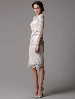 Wedding Guest Dresses Lace Sheath Champagne Cocktail Dress Knee Length Half Sleeves Mother Dress With Satin Belt Free Customization