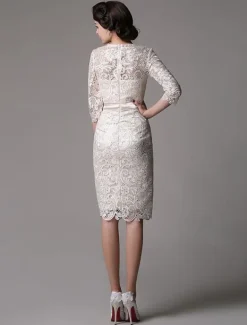 Wedding Guest Dresses Lace Sheath Champagne Cocktail Dress Knee Length Half Sleeves Mother Dress With Satin Belt Free Customization