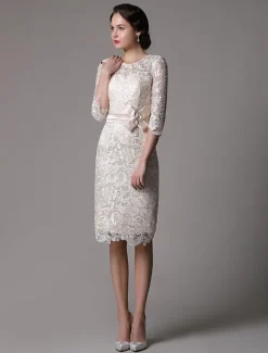 Wedding Guest Dresses Lace Sheath Champagne Cocktail Dress Knee Length Half Sleeves Mother Dress With Satin Belt Free Customization