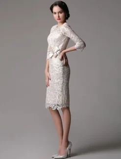 Wedding Guest Dresses Lace Sheath Champagne Cocktail Dress Knee Length Half Sleeves Mother Dress With Satin Belt Free Customization