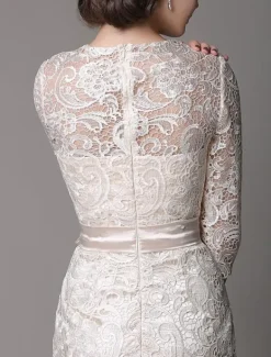 Wedding Guest Dresses Lace Sheath Champagne Cocktail Dress Knee Length Half Sleeves Mother Dress With Satin Belt Free Customization