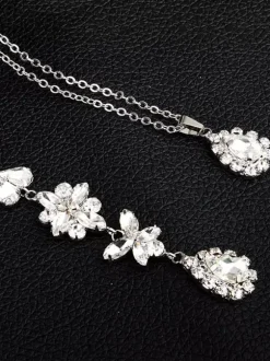 Wedding Necklace Silver Backdrop Necklace Rhinestone Beaded Bridal Jewelry