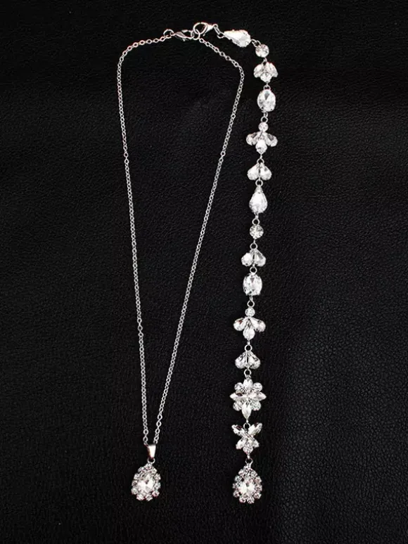 Wedding Necklace Silver Backdrop Necklace Rhinestone Beaded Bridal Jewelry