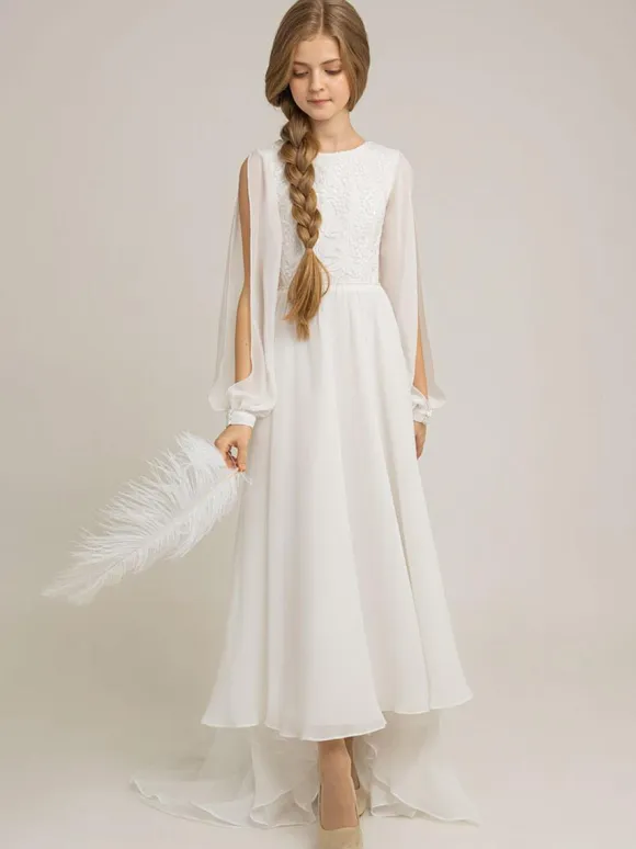 Wedding Party Dresses Wedding Beautiful Flower Girl Dress Flower Girl Dresses Dinner Dresses Long Sleeves Lace Ivory