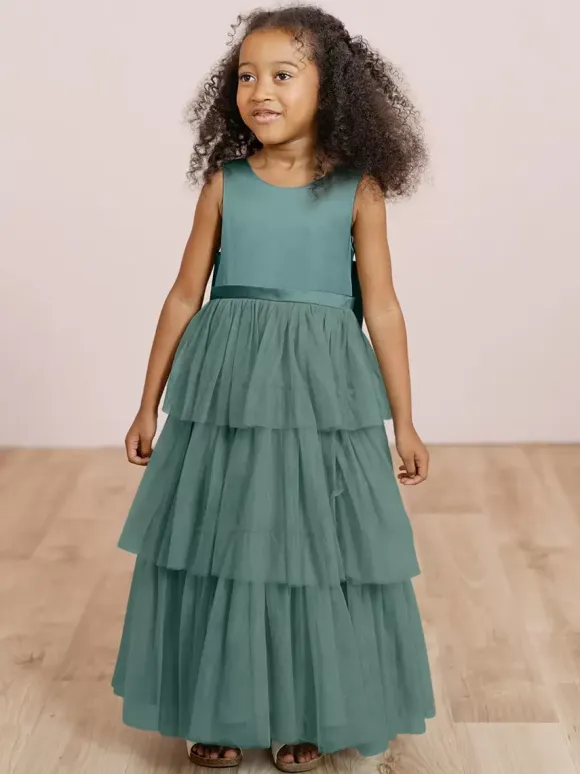 Wedding Party Dresses Wedding Sweet Dinner Dresses Flower Girl Dress Flower Girl Dresses Sleeveless Tiered Bows Blue Green