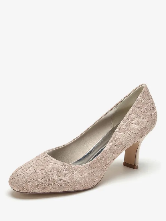 Wedding Shoes Bridal Pumps Lace Round Toe Embroidered
