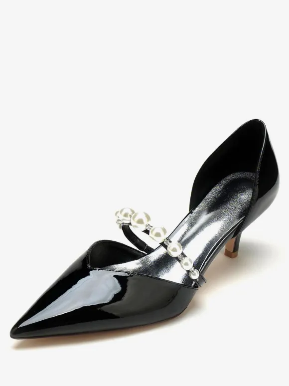 Wedding Shoes Bridal Pumps Patent PU Upper Pointed Toe Pearls