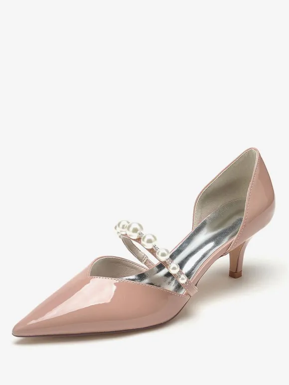 Wedding Shoes Bridal Pumps Patent PU Upper Pointed Toe Pearls