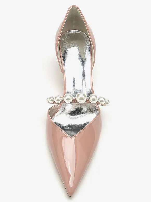 Wedding Shoes Bridal Pumps Patent PU Upper Pointed Toe Pearls