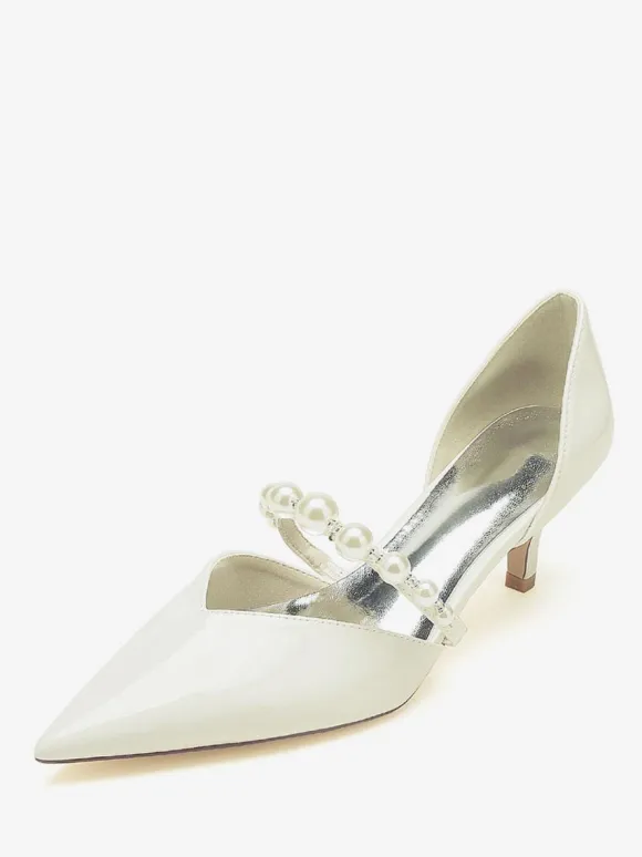 Wedding Shoes Bridal Pumps Patent PU Upper Pointed Toe Pearls