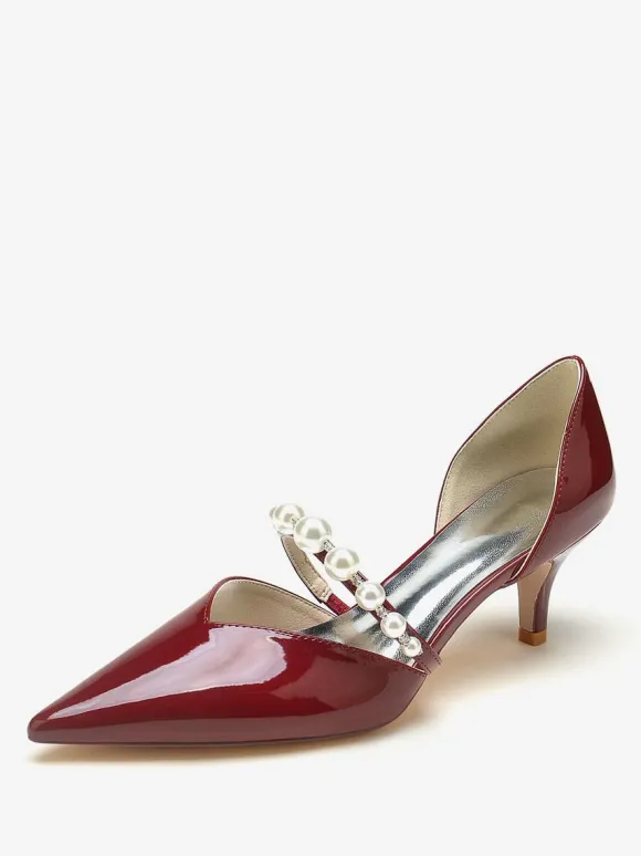 Wedding Shoes Bridal Pumps Patent PU Upper Pointed Toe Pearls