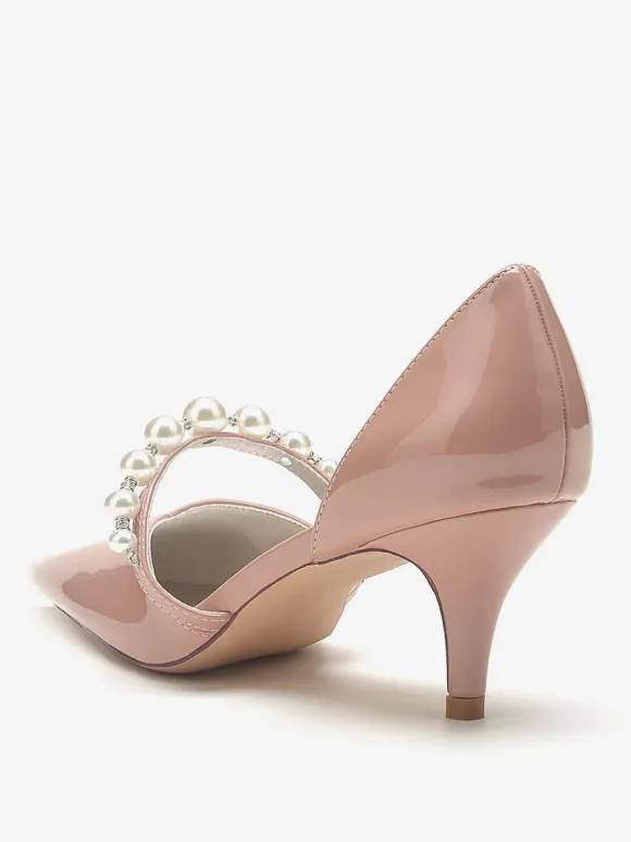 Wedding Shoes Bridal Pumps Patent PU Upper Pointed Toe Pearls