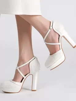 Wedding Shoes Bridal Pumps Round Toe Embroidered