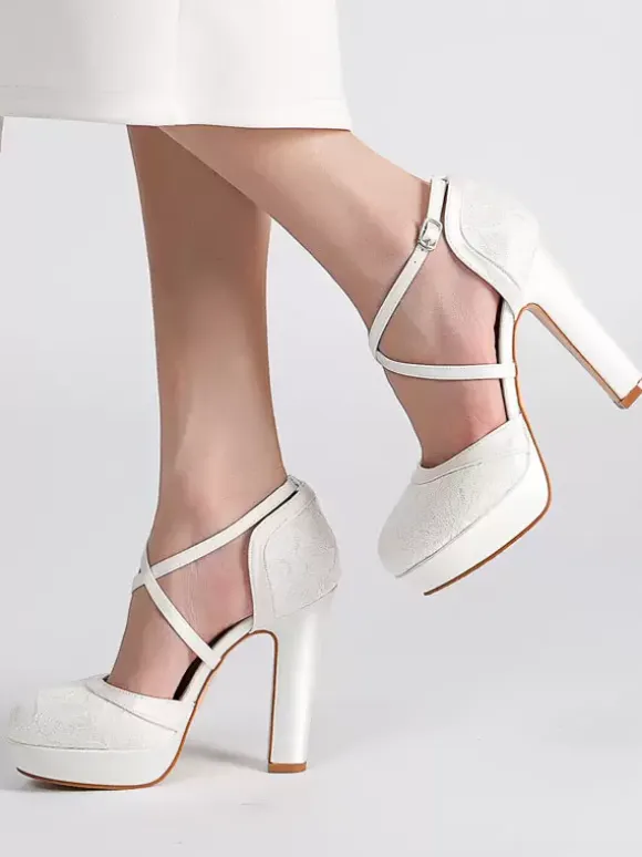 Wedding Shoes Bridal Pumps Round Toe Embroidered