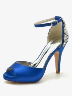 Wedding Shoes Bridal Pumps Satin Peep Toe Rhinestones