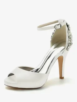 Wedding Shoes Bridal Pumps Satin Peep Toe Rhinestones