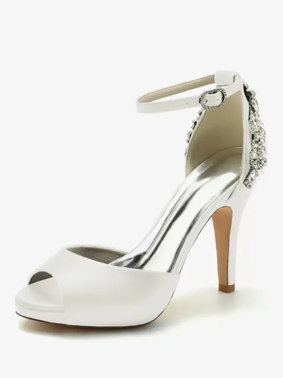 Wedding Shoes Bridal Pumps Satin Peep Toe Rhinestones