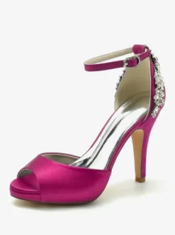 Wedding Shoes Bridal Pumps Satin Peep Toe Rhinestones