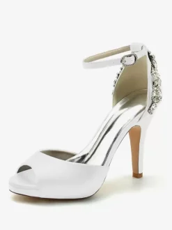 Wedding Shoes Bridal Pumps Satin Peep Toe Rhinestones