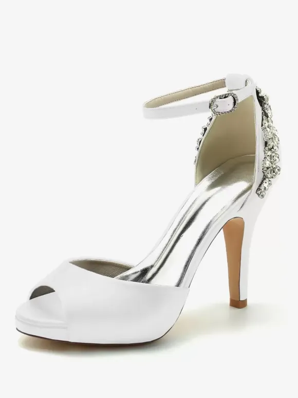 Wedding Shoes Bridal Pumps Satin Peep Toe Rhinestones