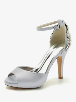 Wedding Shoes Bridal Pumps Satin Peep Toe Rhinestones