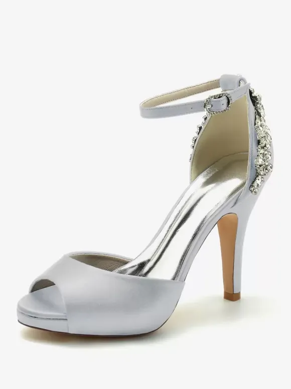 Wedding Shoes Bridal Pumps Satin Peep Toe Rhinestones