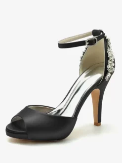 Wedding Shoes Bridal Pumps Satin Peep Toe Rhinestones
