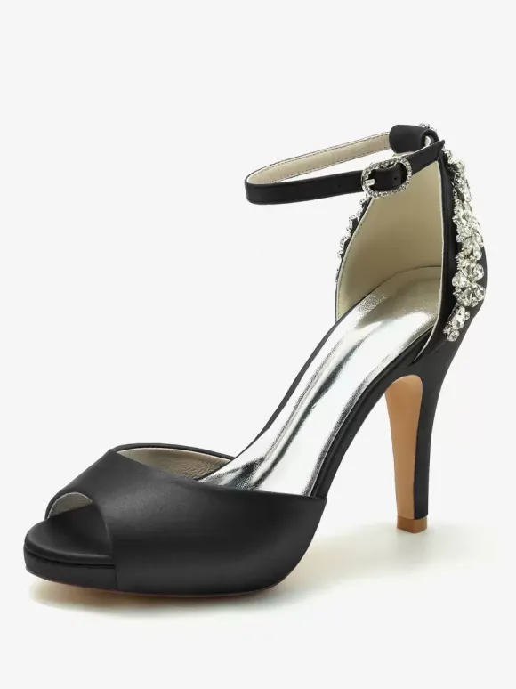 Wedding Shoes Bridal Pumps Satin Peep Toe Rhinestones