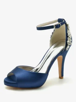 Wedding Shoes Bridal Pumps Satin Peep Toe Rhinestones