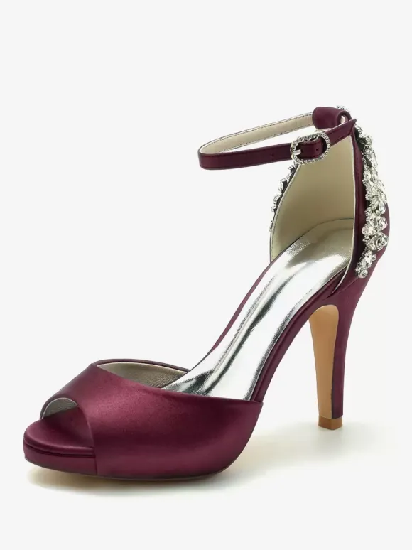Wedding Shoes Bridal Pumps Satin Peep Toe Rhinestones